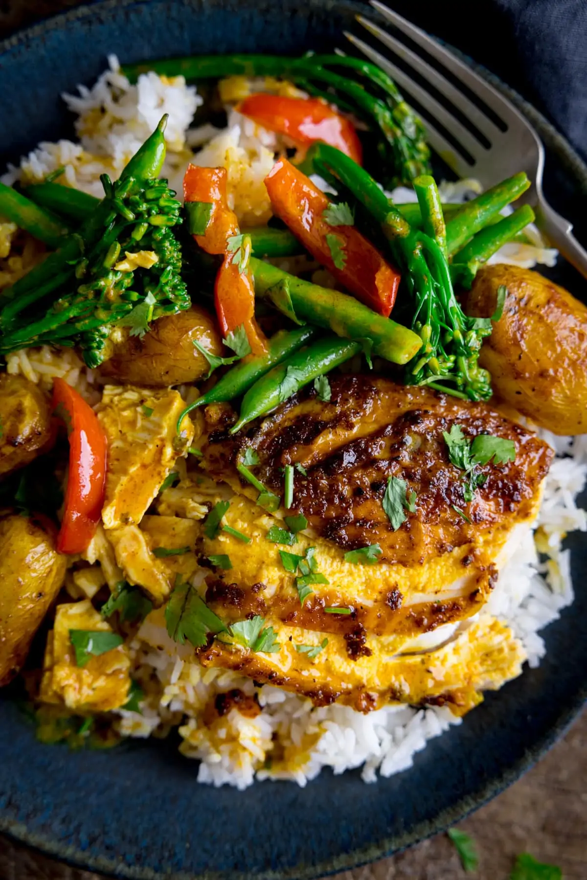 Slices of curry roast chicken on top of boiled rice with vegetables, all on a dark plate