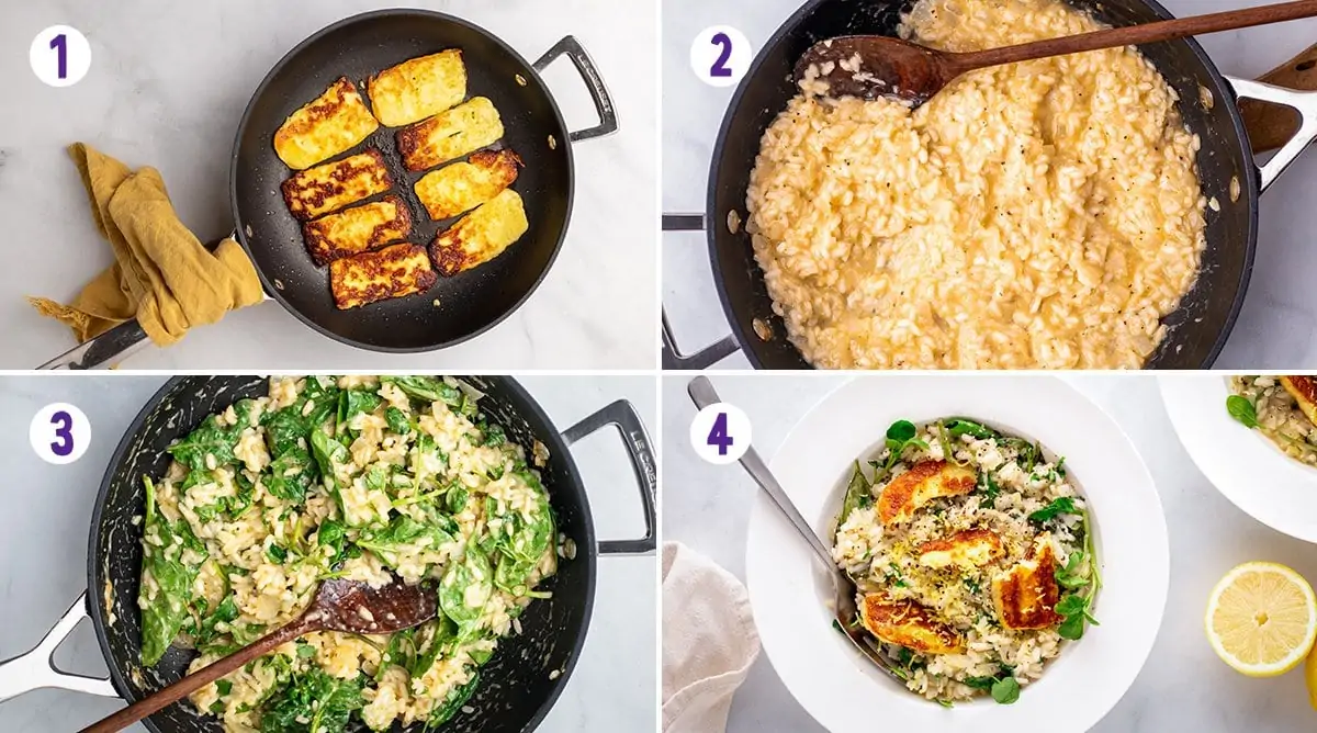 A collage of 4 images showing the process of making herby lemon risotto and fried halloumi.