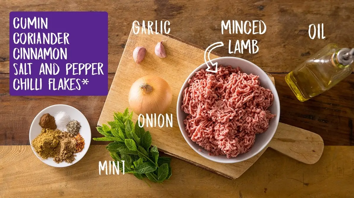 Overhead photo of Ingredients for Lamb Koftas on a wooden board.