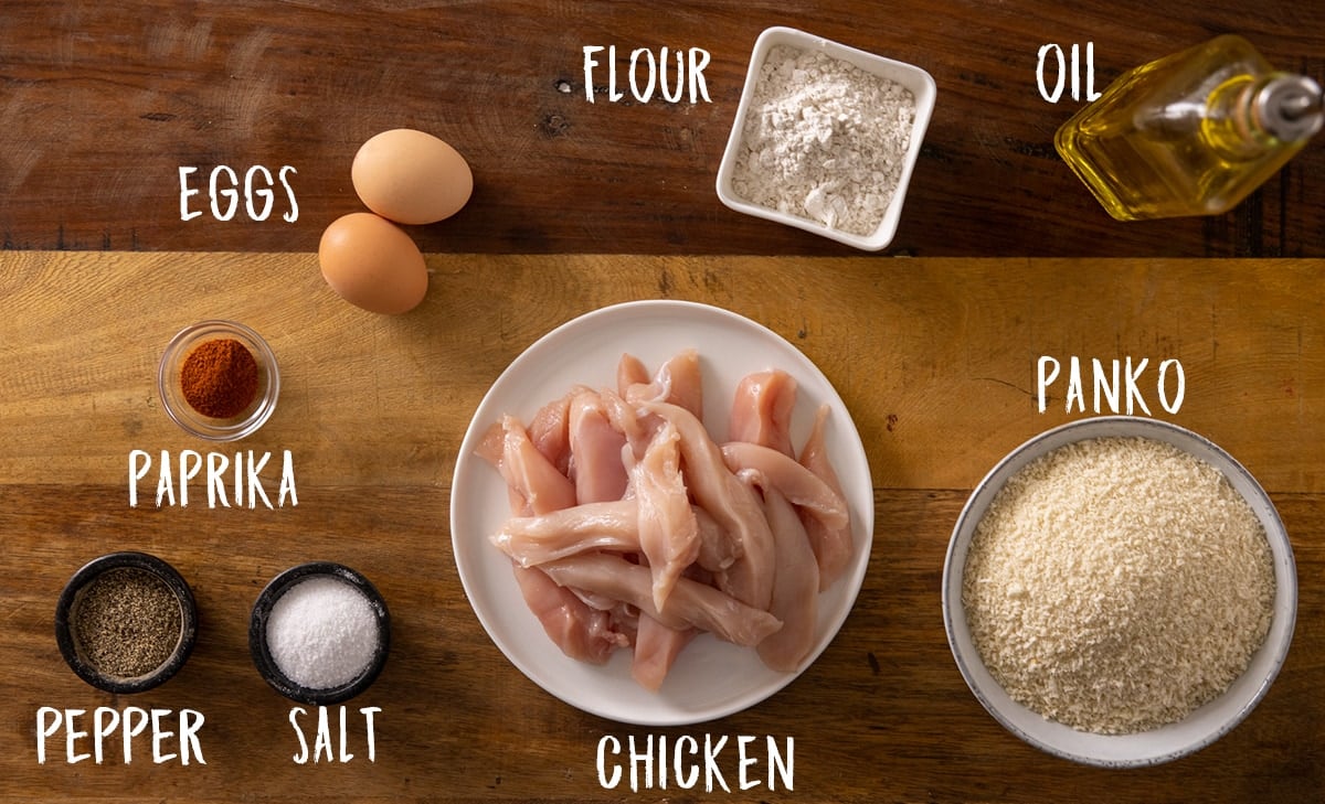 Overhead photo of the ingredients for Chicken Goujons.