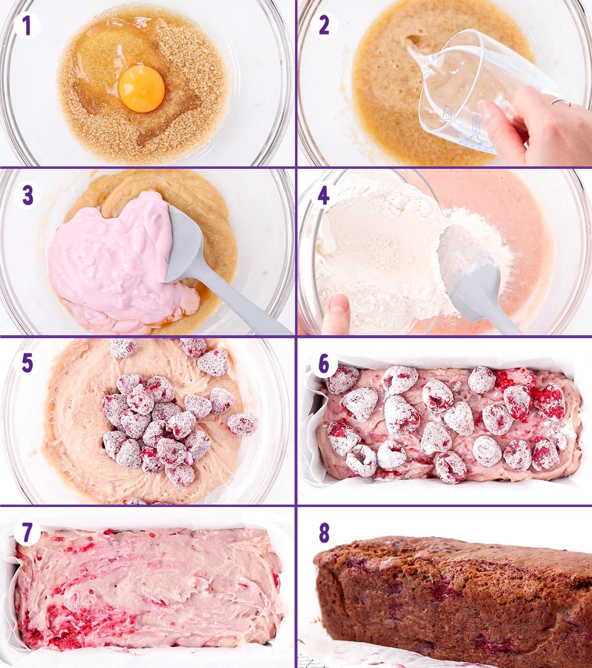 Collage of 8 images showing the process of making raspberry and white chocolate cake.