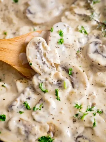 A square image of creamy mushroom sauce with a wooden spoon stirring it