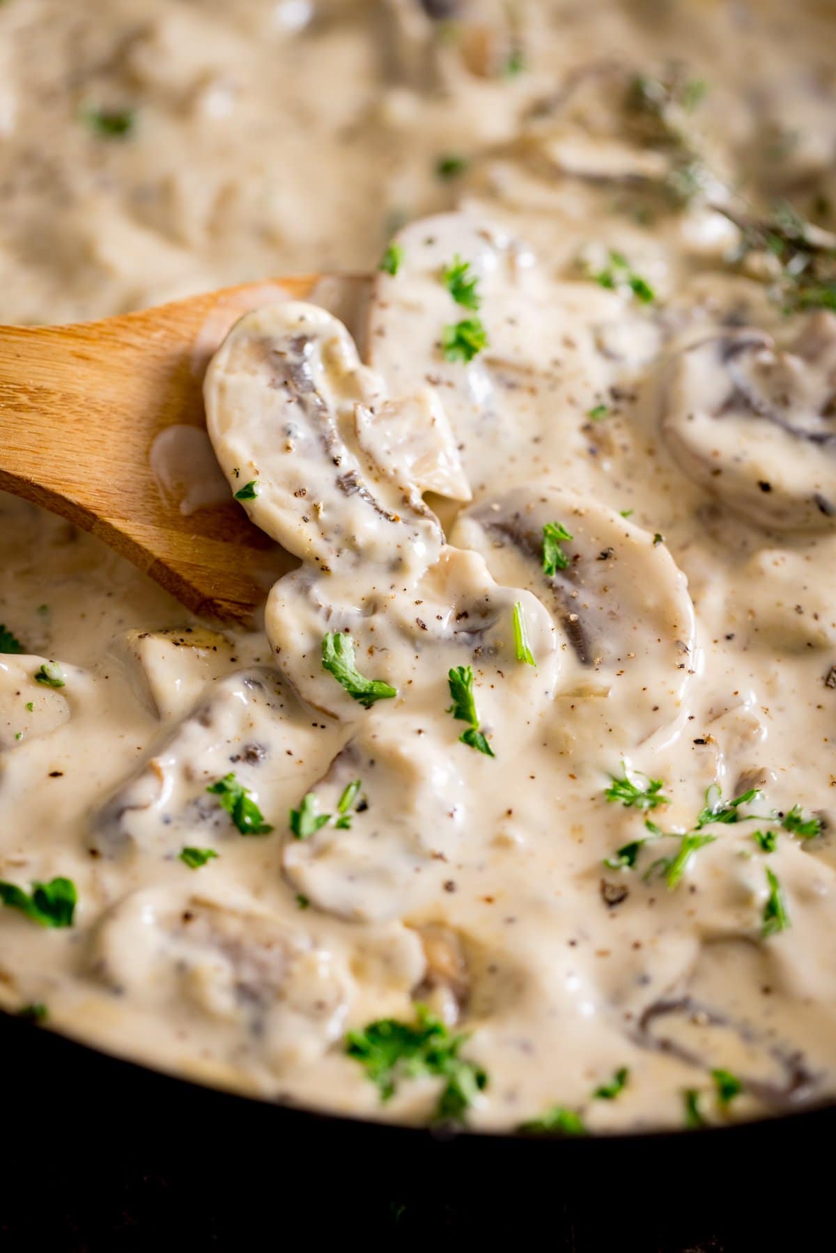 A tall image of creamy mushroom sauce with a wooden spoon in it