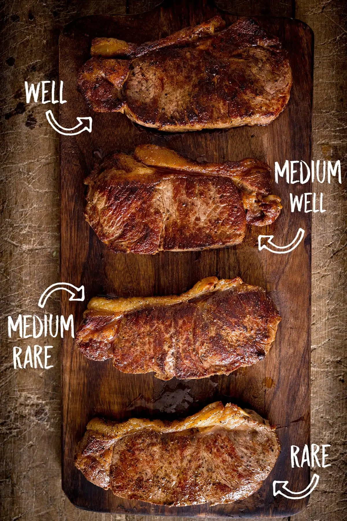 Overhead picture of 4 cooked steaks on a wooden board showing 4 different levels of cooking labelled well, medium well, medium rare and rare.