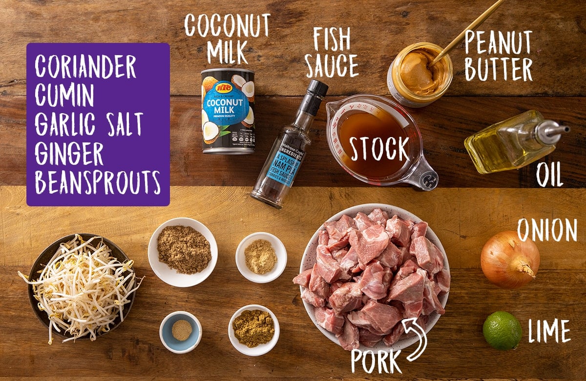 overhead photo of Ingredients for peanut pork laid out on wooden board.