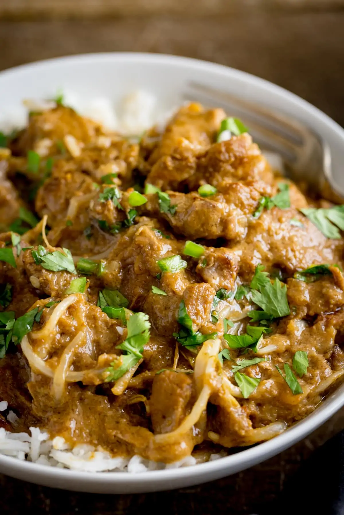 Close up photo of Thai style peanut pork in a bowl with rice