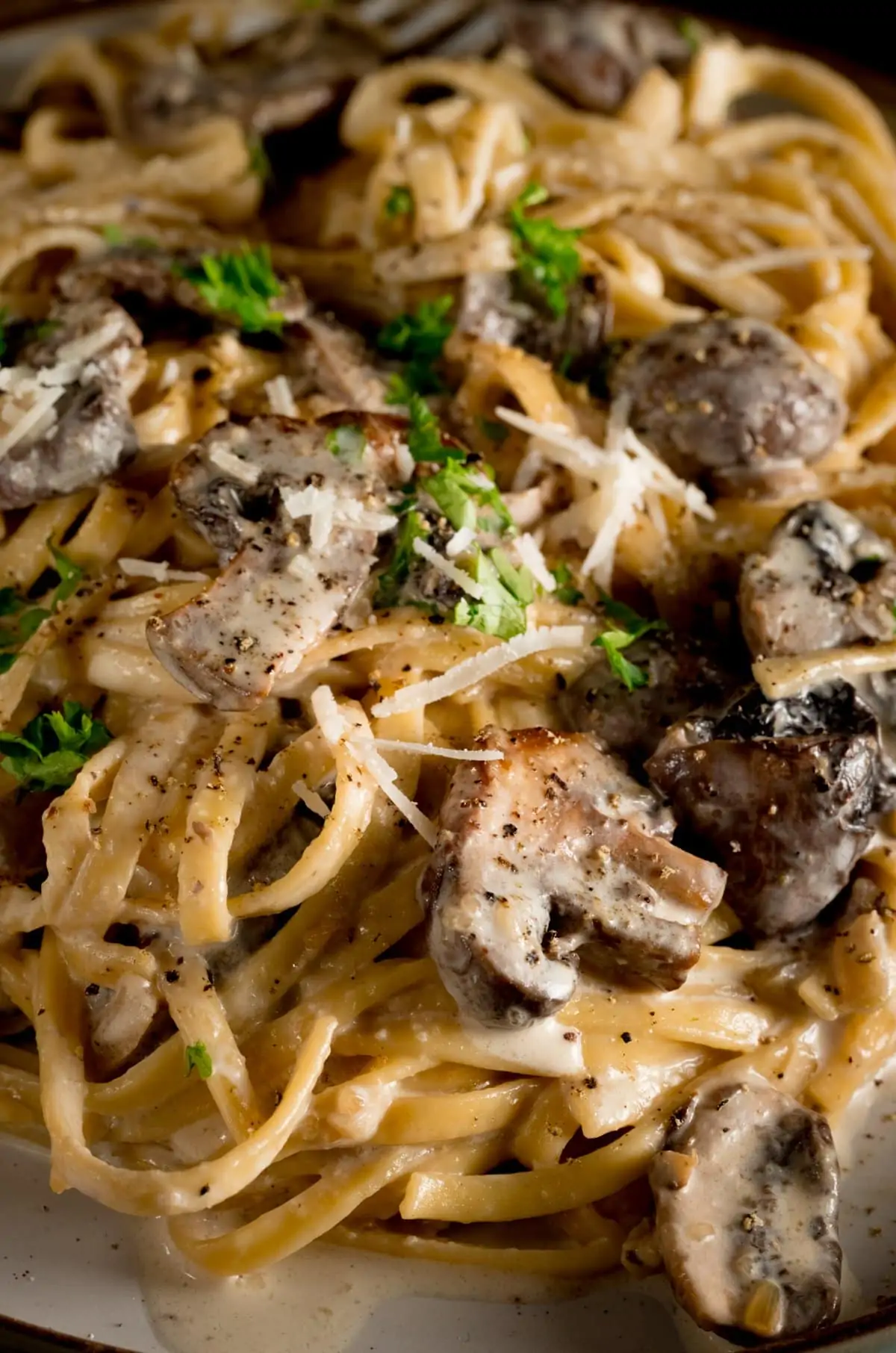 A close up photo of creamy mushroom pasta sprinkled with chopped parsley