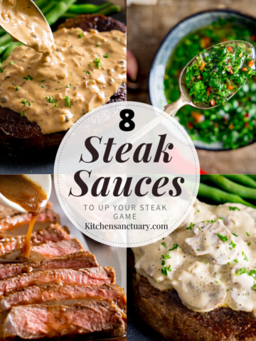 4 image collage of sauces fro steak - showing peppercorn and mushrooms sauce on a steak, red wine jus being drizzled on a sliced steak and a spoon being lifted from a bowl of chimichurri sauce.