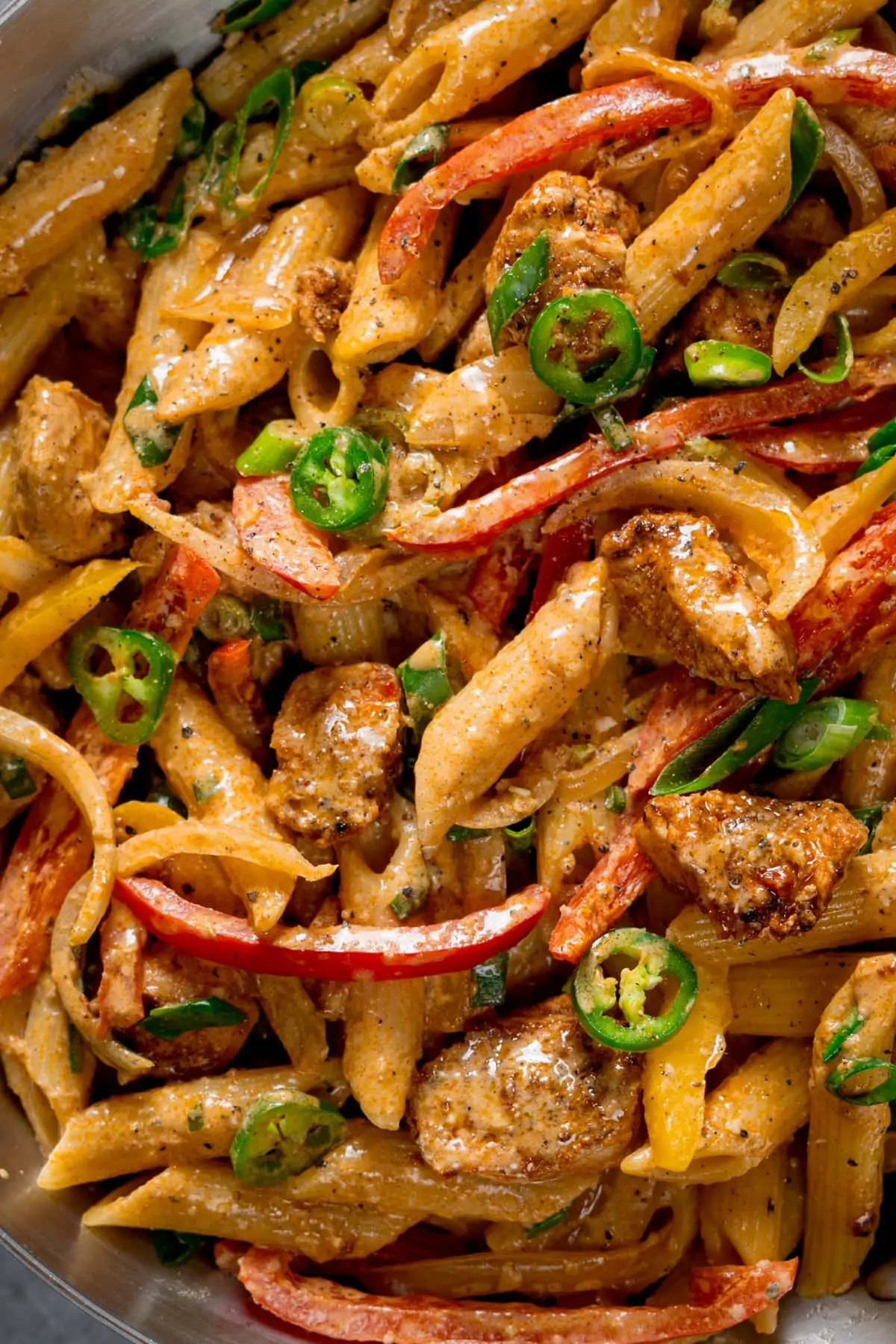 Close up of buffalo chicken pasta in a pan.