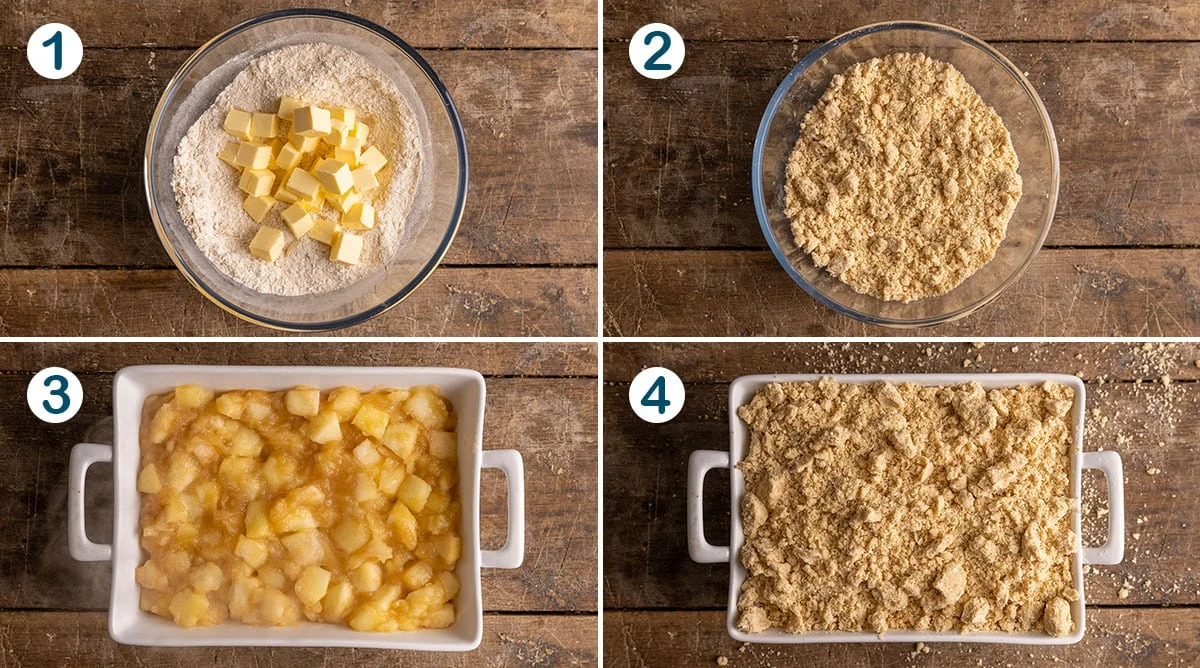 A picture showing the 4 key steps of making the perfect apple crumble.