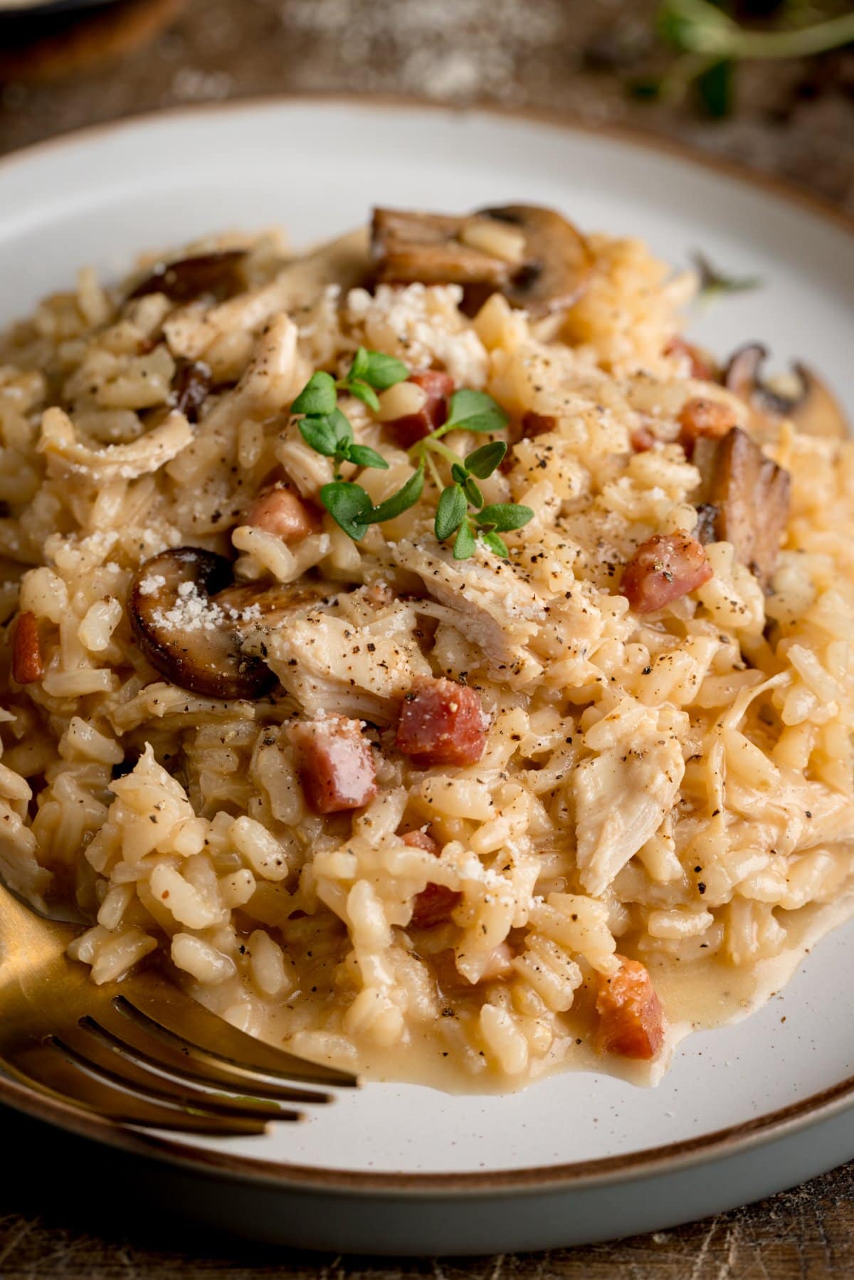 Close up picture of a creamy leftover turkey risotto on a white plate with a gold fork in the foreground.