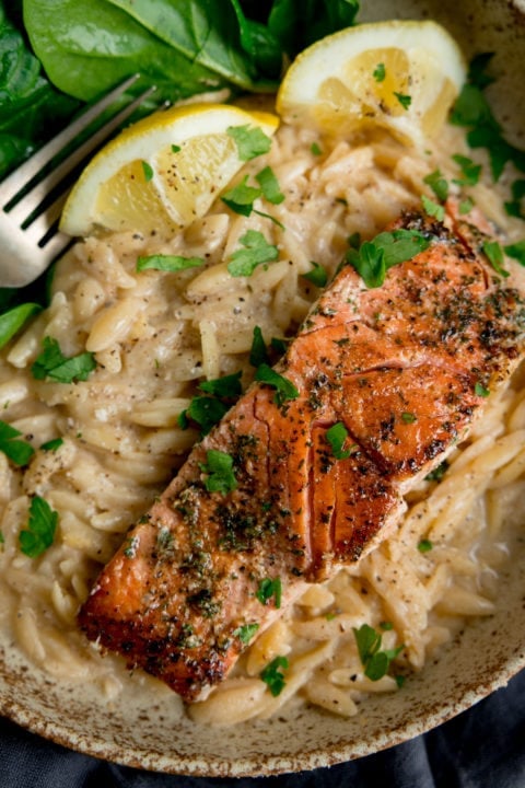 Pan-Fried Salmon with Creamy Lemon Orzo - Nicky's Kitchen Sanctuary