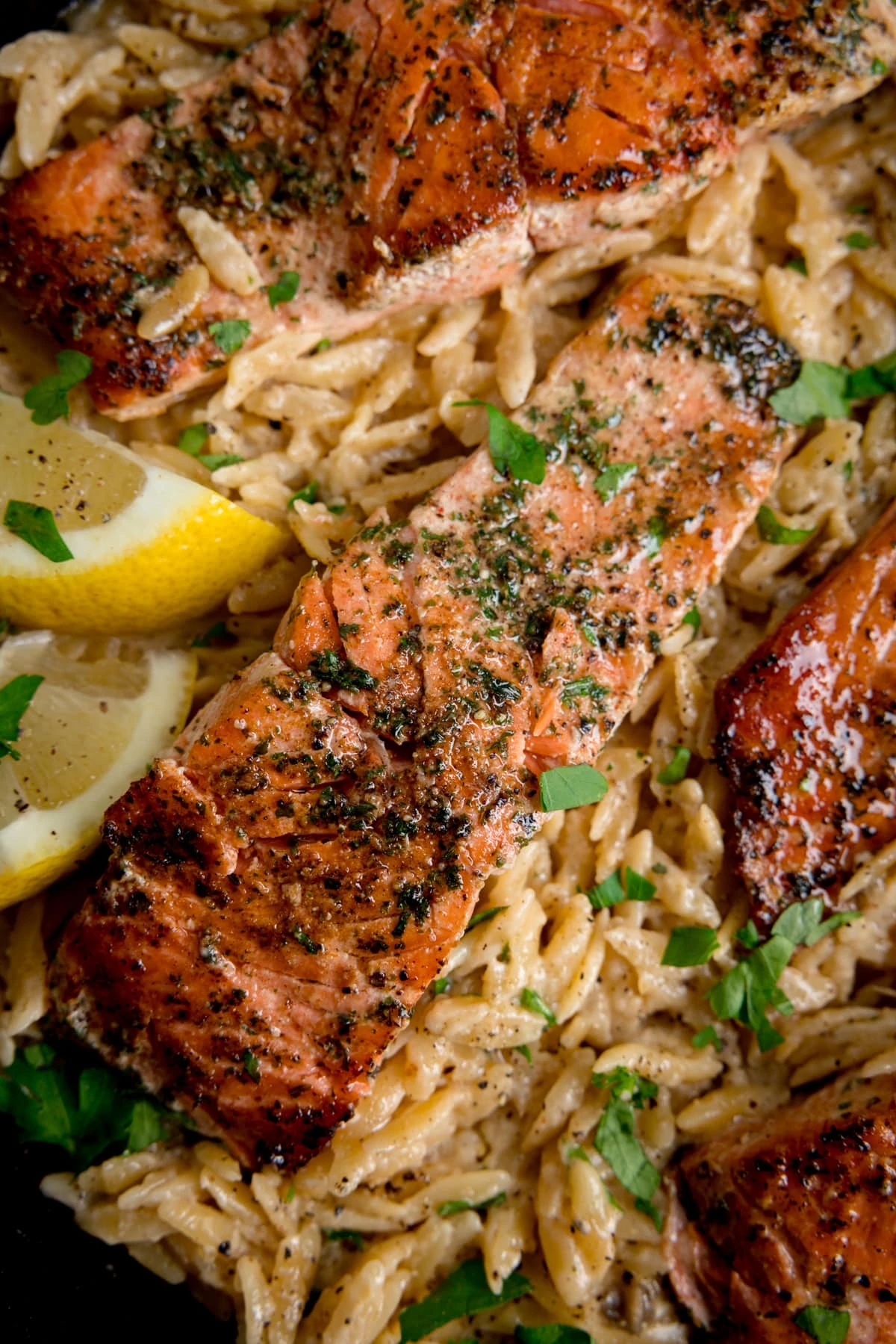 close up overhead image of pan-fried salmon fillets nestled in a bed of creamy lemon orzo topped with parsley. There are lemon wedges at the edges of the pan.