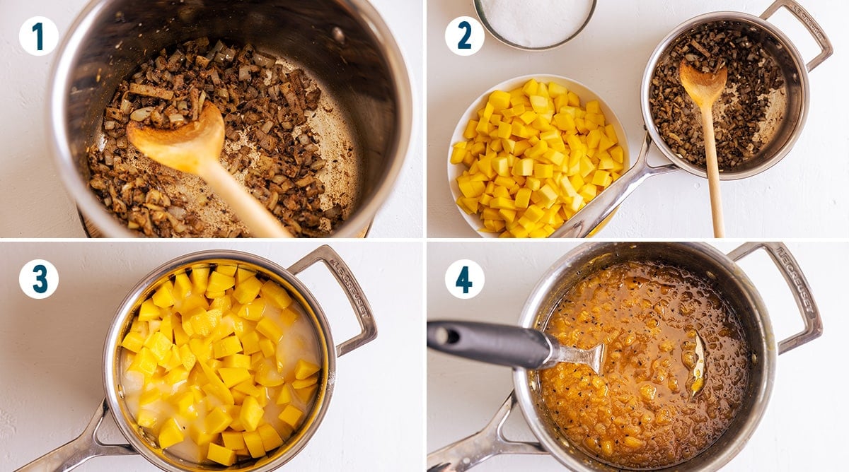 4 Bilder in einer Collage, die die wichtigsten Phasen der Herstellung von Mango-Chutney zeigen.