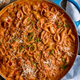 Close up overhead image of one-pan bolognese in a pan