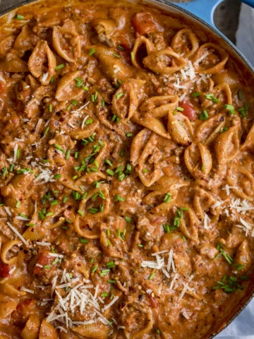 Close up overhead image of one-pan bolognese in a pan