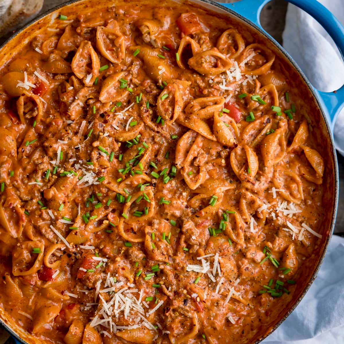 Close up overhead image of one-pan bolognese in a pan
