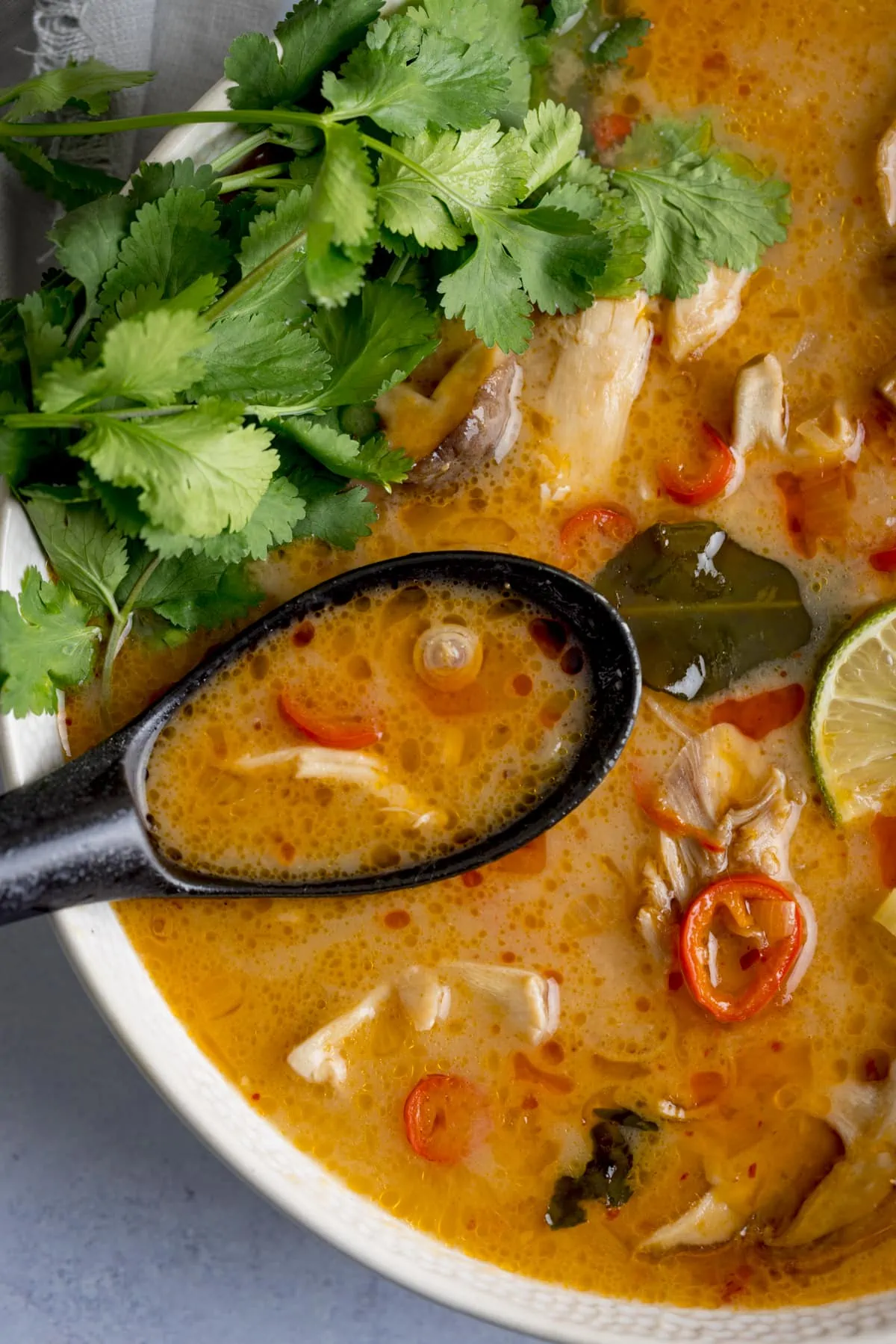 Close up of a spoonful of soup being taken from a bowl of Tom Kha Gai - a Thai chicken soup with coconut milk and galangal. The soup is in a white bowl on a light background. The soup is garnished with fresh coriander.