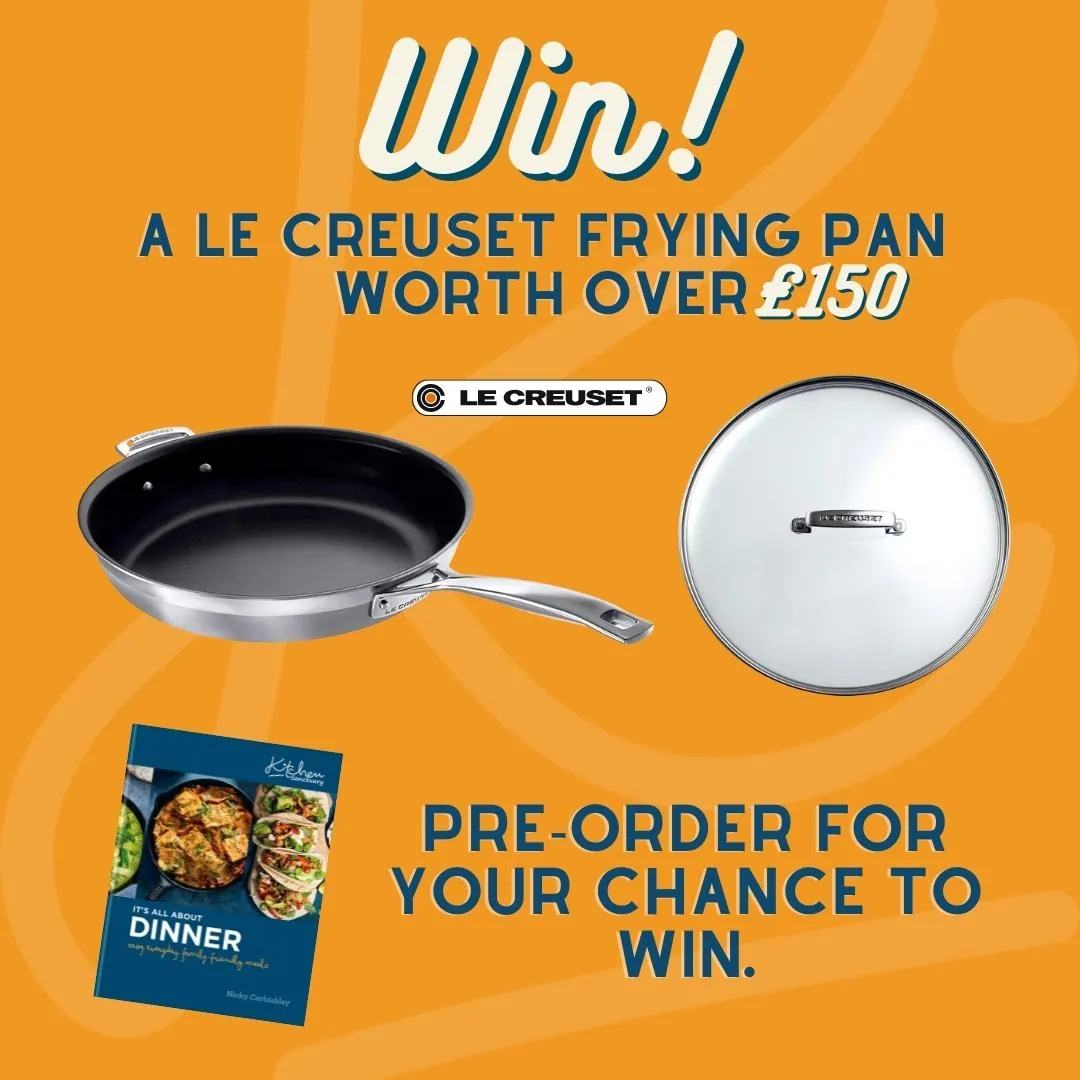 Infographic showing a competition to win a Le Creuset frying pan.