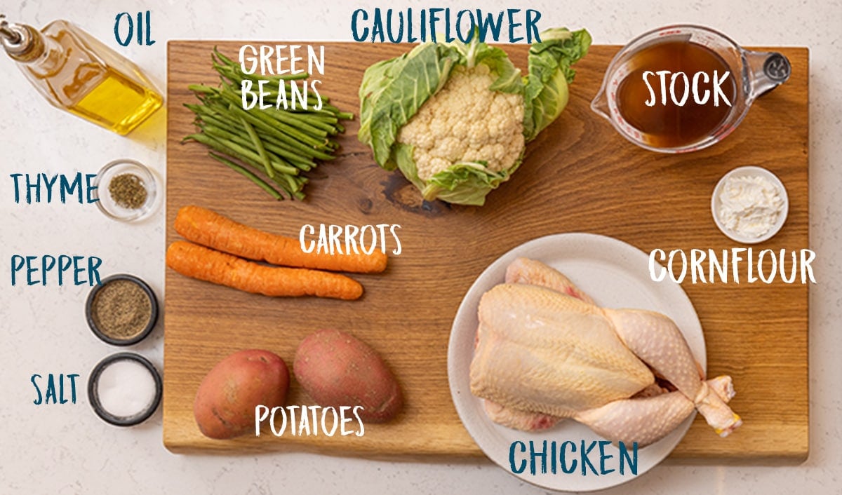 Ingredients for air fryer roast chicken dinner on a wooden board on a light background.