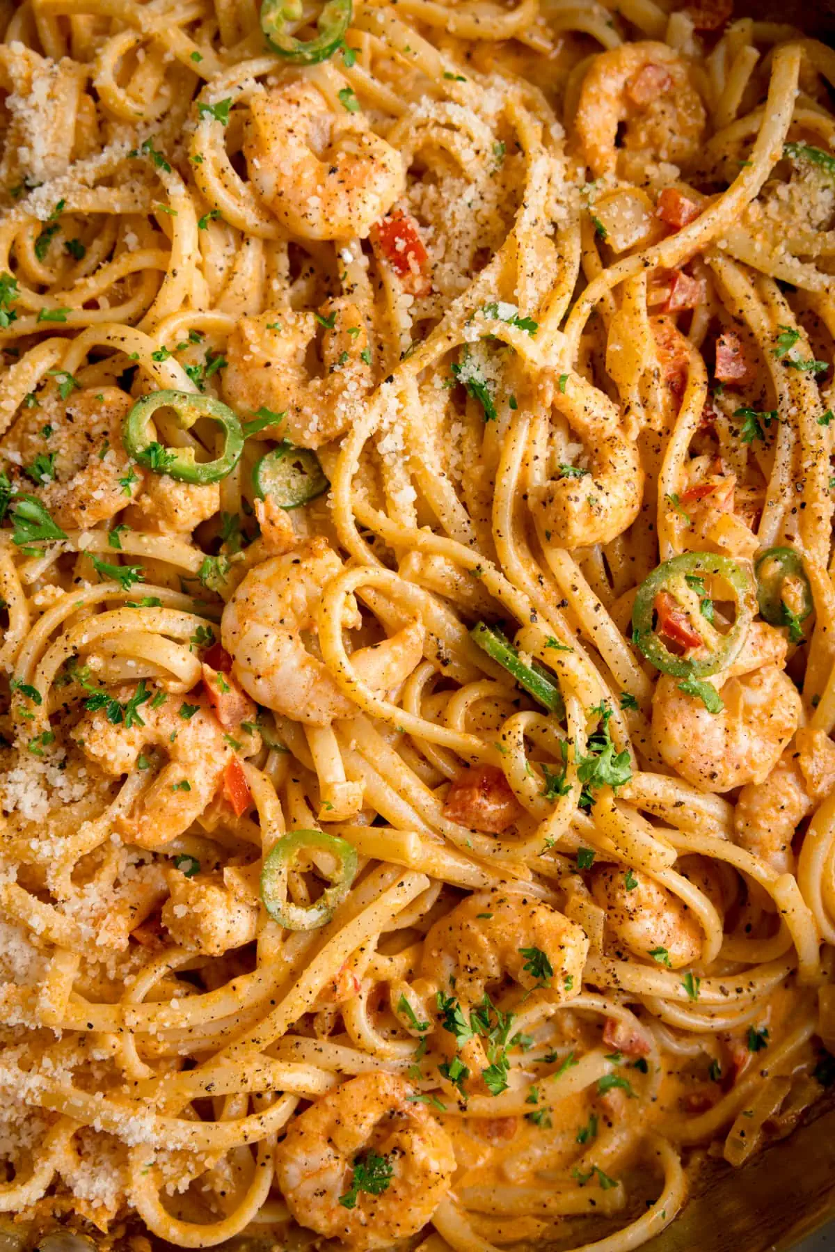 Extreme close up prawn linguine in a creamy buffalo sauce.