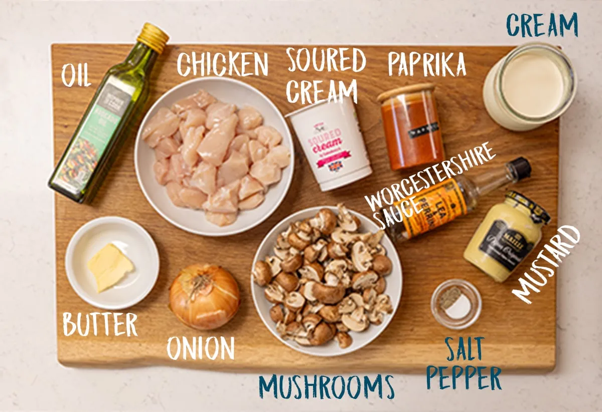 Ingredients for chicken stroganoff on a wooden board.