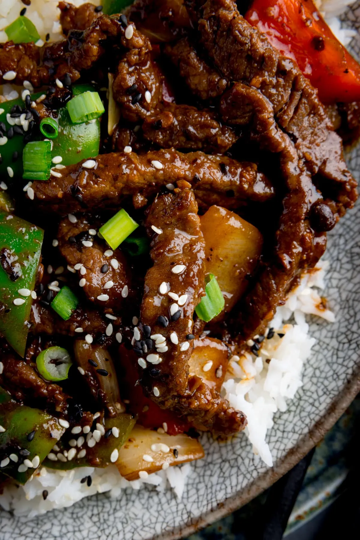 Close up overhead shot of beef in black bean sauce stir fry with boiled rice, spring onions and sesame seeds. The image is very focussed on the beef.