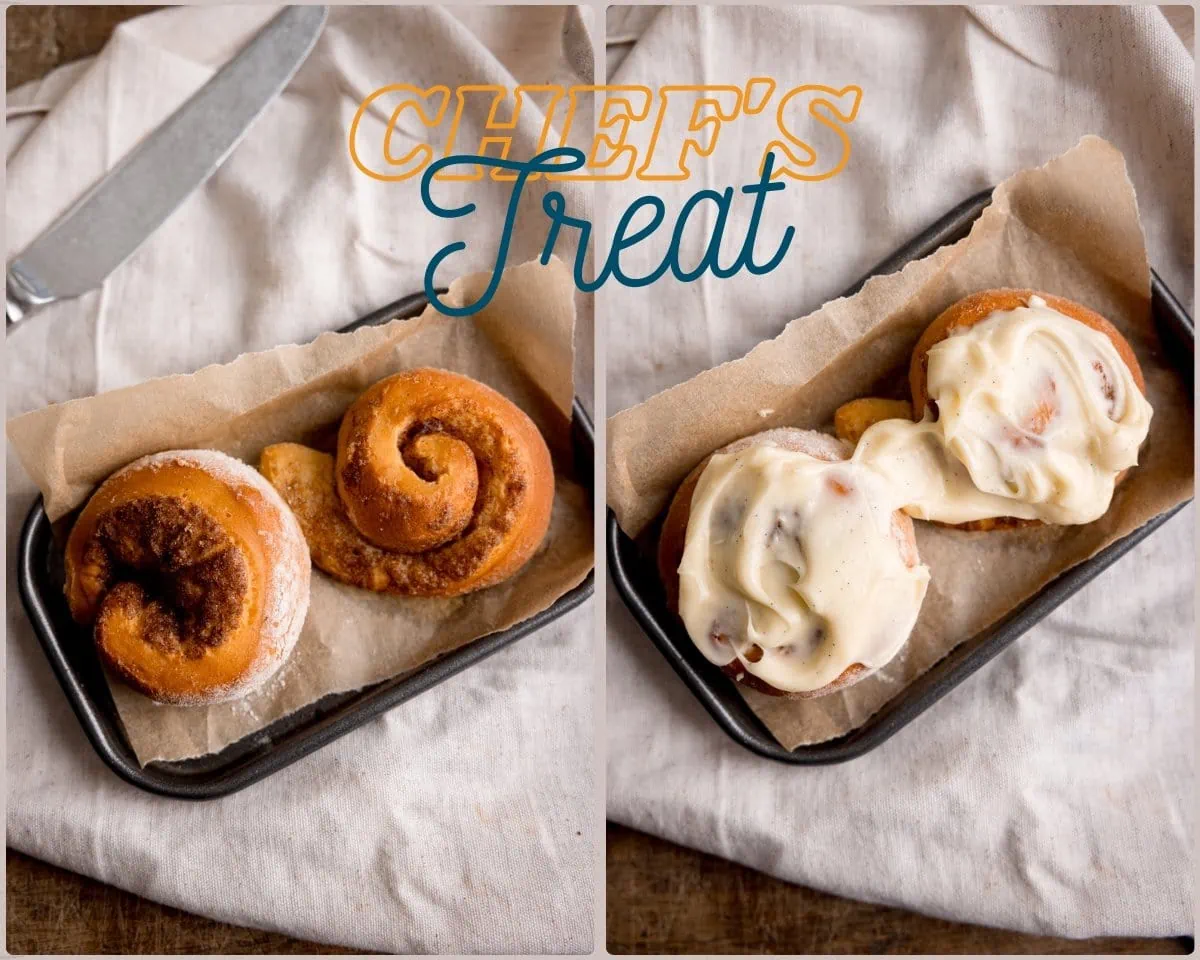 Two image collage showing two little cinnamon rolls on a metal tray. The image on the left shows the cinnamon rolls unfrosted, the image on the right shows the cinnamon rolls with frosting on. There is a beige napkin as the background in both images. The words Chef's Treat are displayed at the top of the image.
