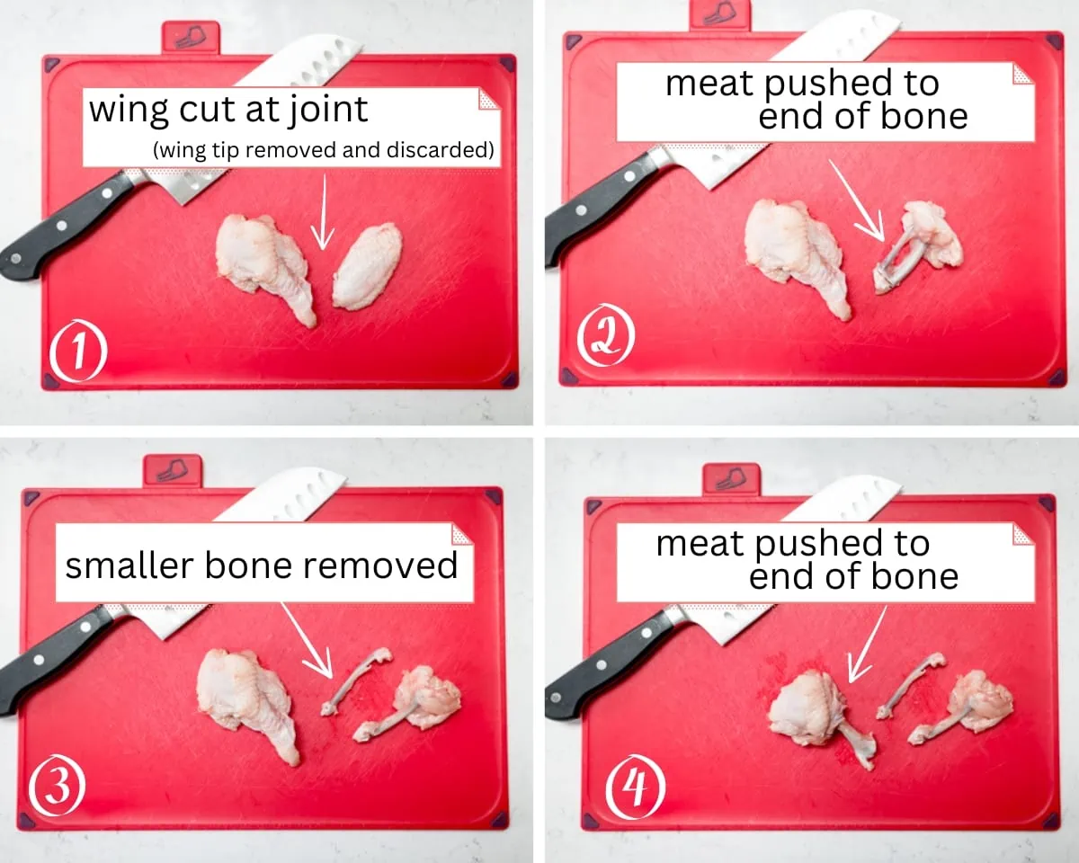4 image collage showing how to make 2 chicken lollipops from a chicken wing. The prep is taking place on a red chopping board. There is an instruction box for each step.
