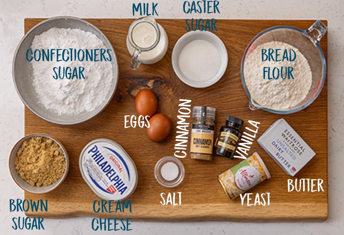 overhead picture of Ingredients for cinnamon rolls on a wooden board.