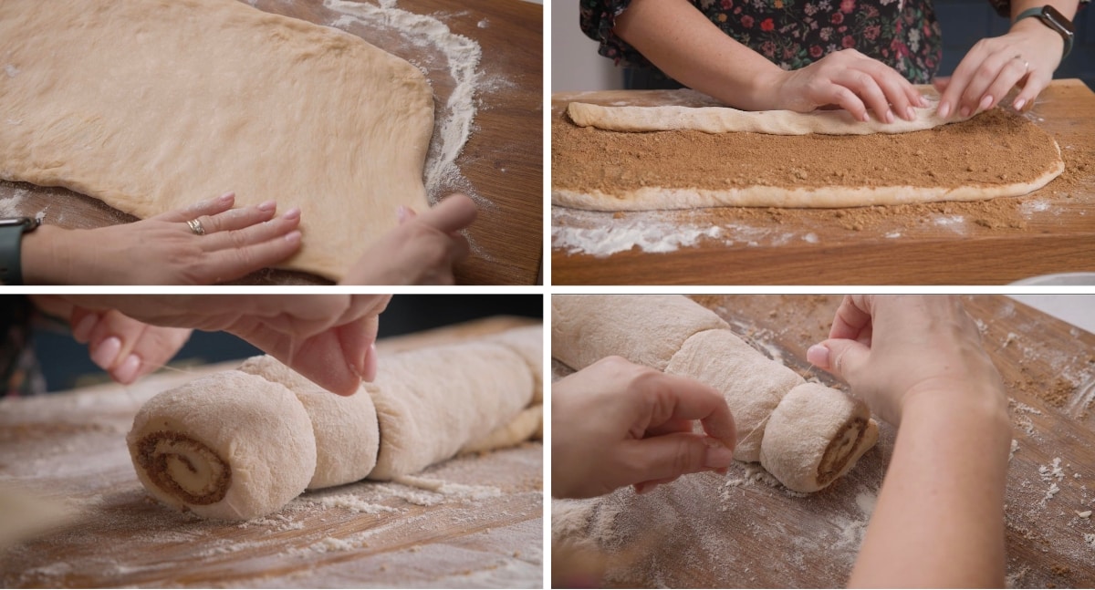 4-image collage showing how to shape, roll and cut dough for cinnamon rolls.