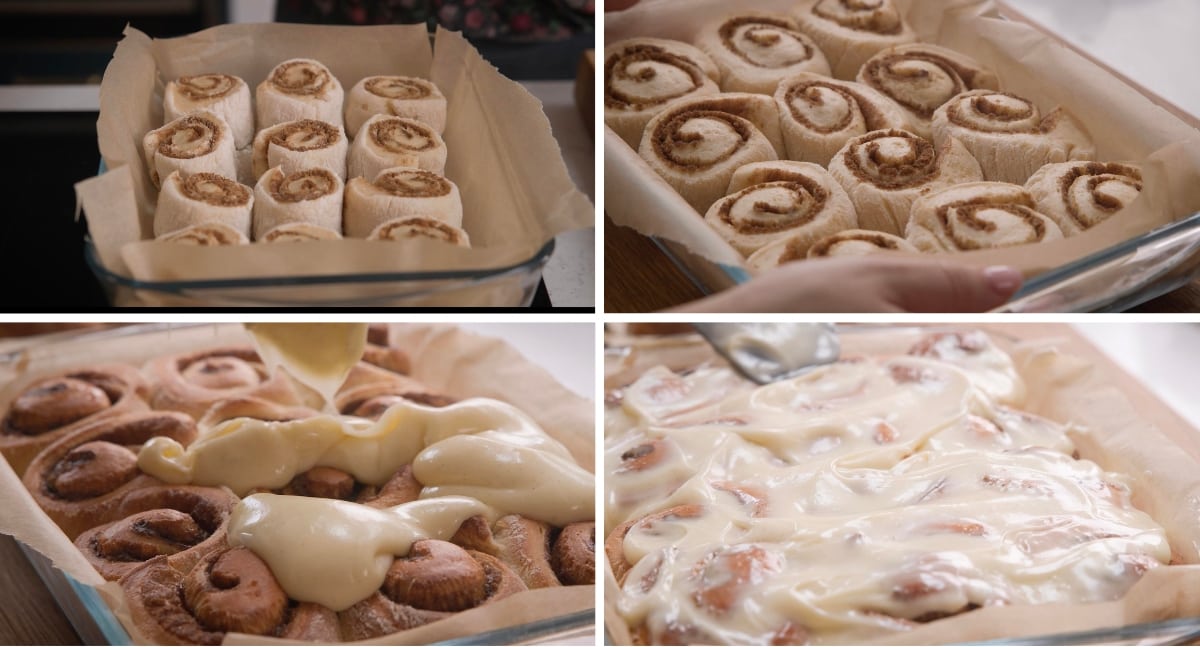 4-image collage showing cinnamon rolls before and after proving and how to frost the cinnamon rolls.