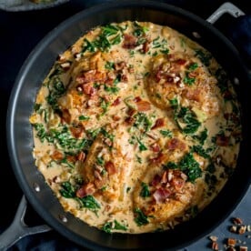 Overhead photo of creamy chicken dijon in a pan.