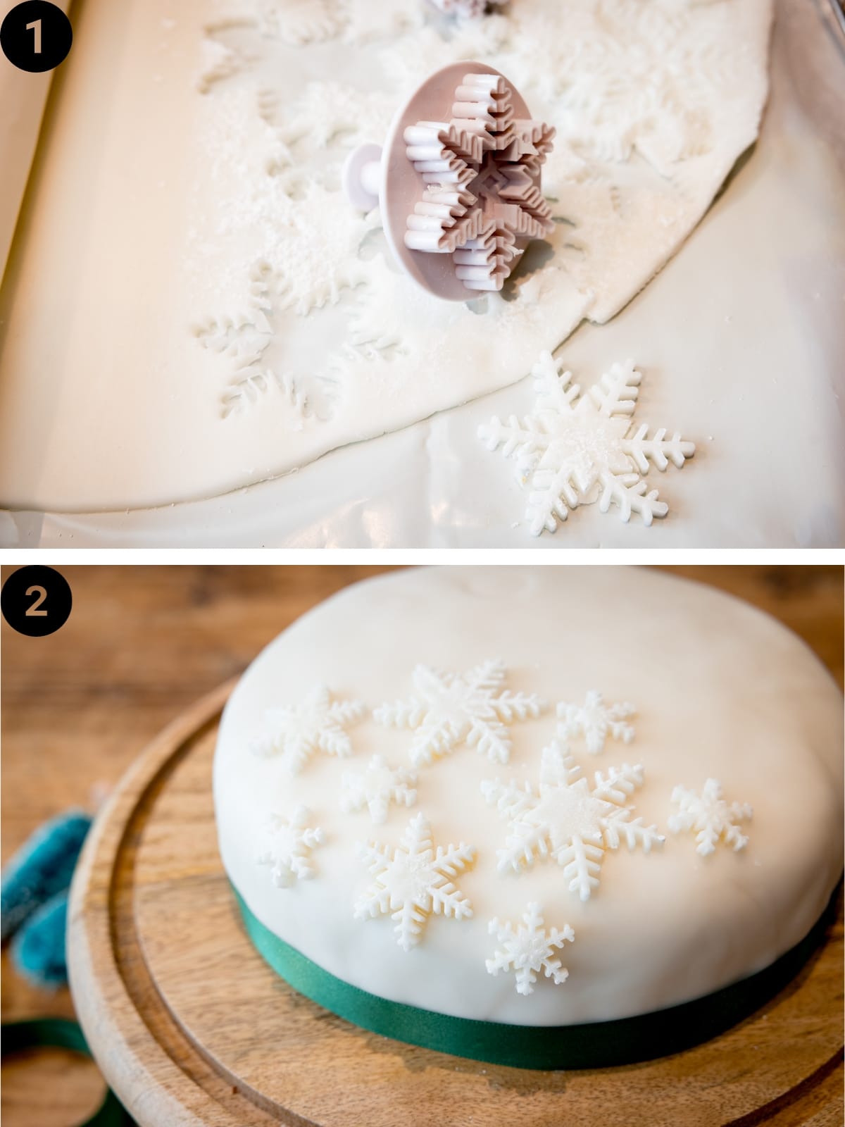 A two image collage. The top image shows snowflakes being cut from fondant icing with a snowflake cutter. The bottom image shows these snowflakes arranged on an iced Christmas cake. The cake has a green ribbon around it and is sitting on a wooden cake stand.