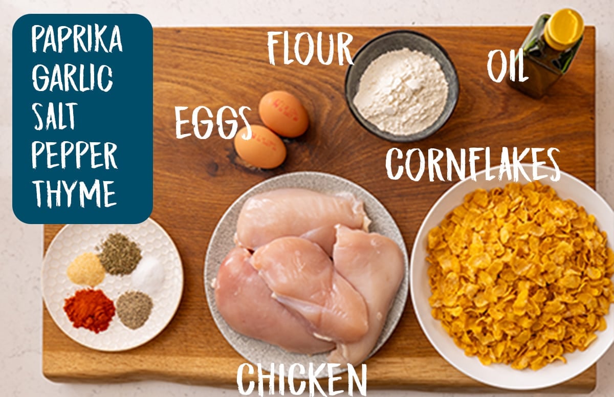 Ingredients for crispy baked chicken on a wooden board. There is a blue text box with the list of ingredients on the left.