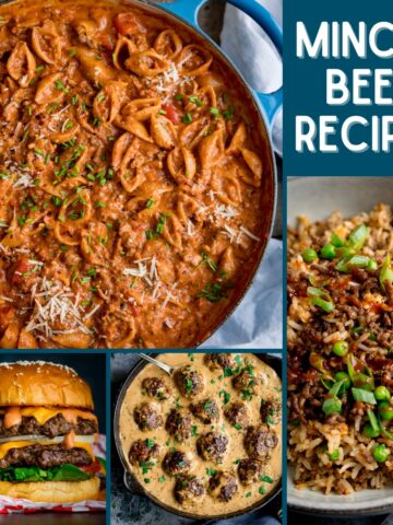Collage of 4 pictures showing different recipes that can been made with minced beef.