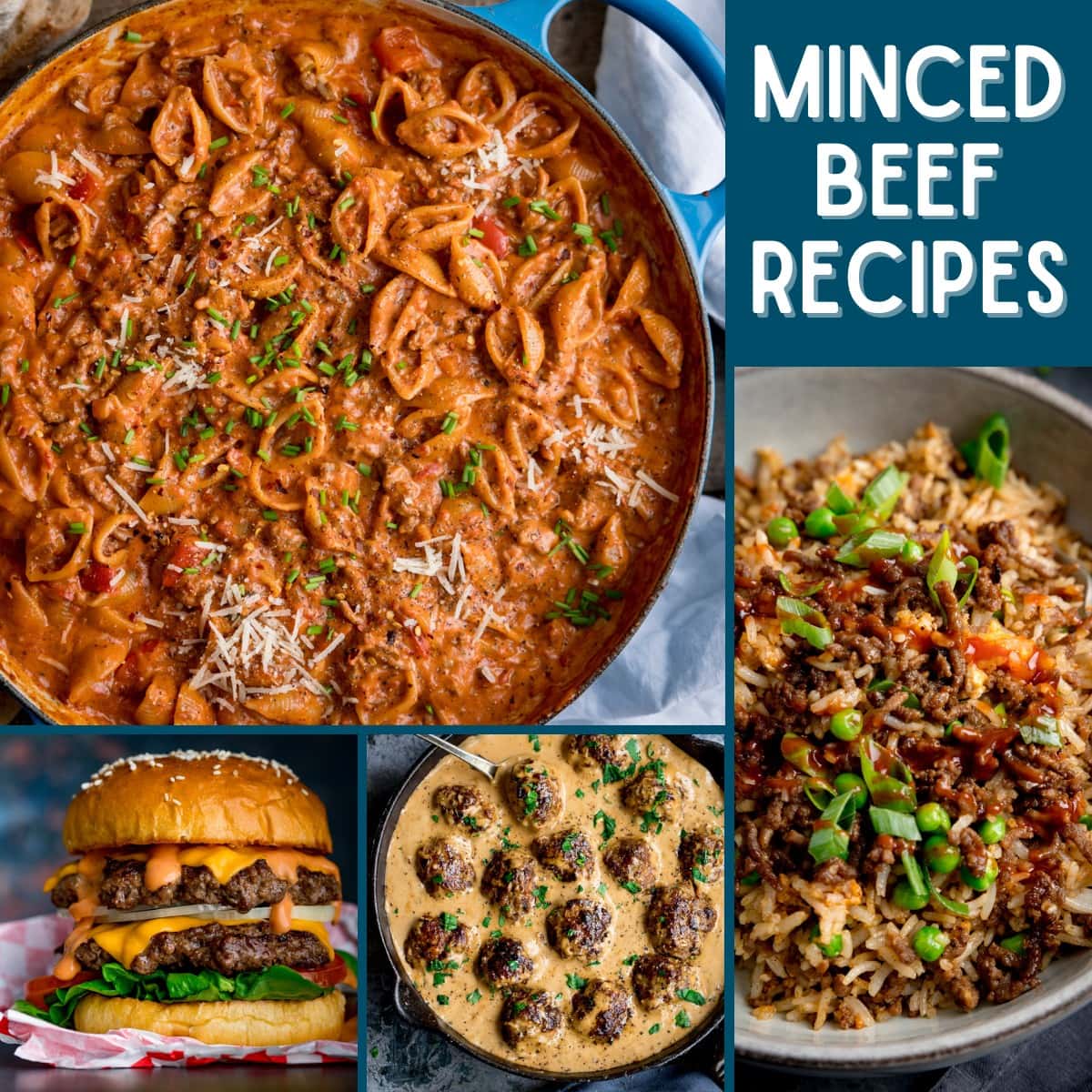 Collage of 4 pictures showing different recipes that can been made with minced beef.