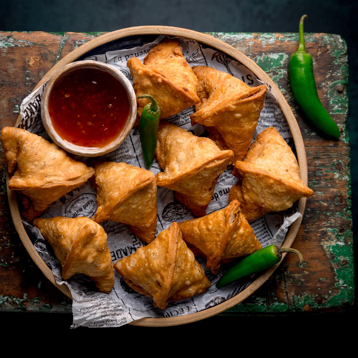 Overhead picture of a plate full of handmade Indian style Samosas on a rustic wooden board.