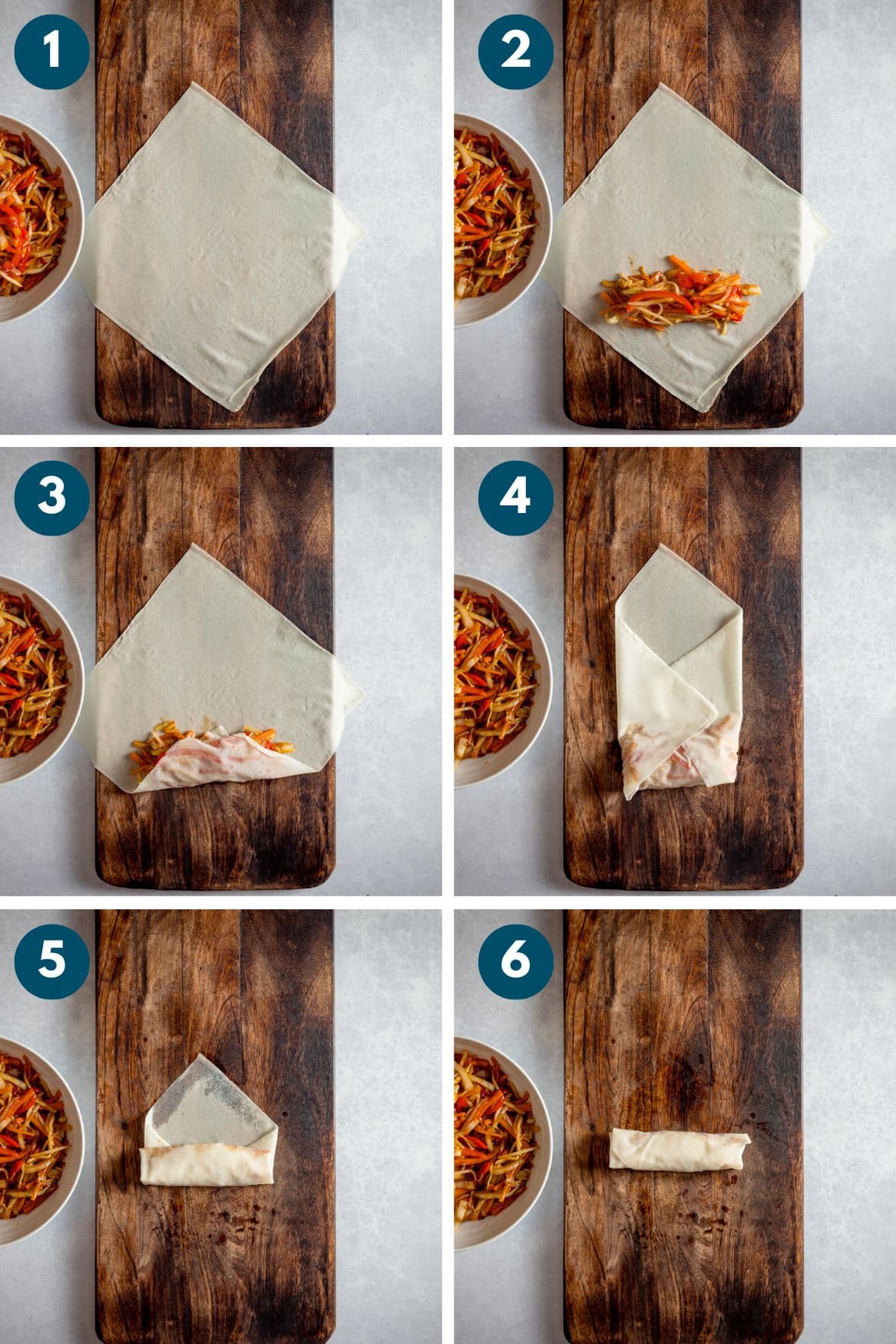 A collage of 6 numbered photos shoring the process of wrapping spring rolls.