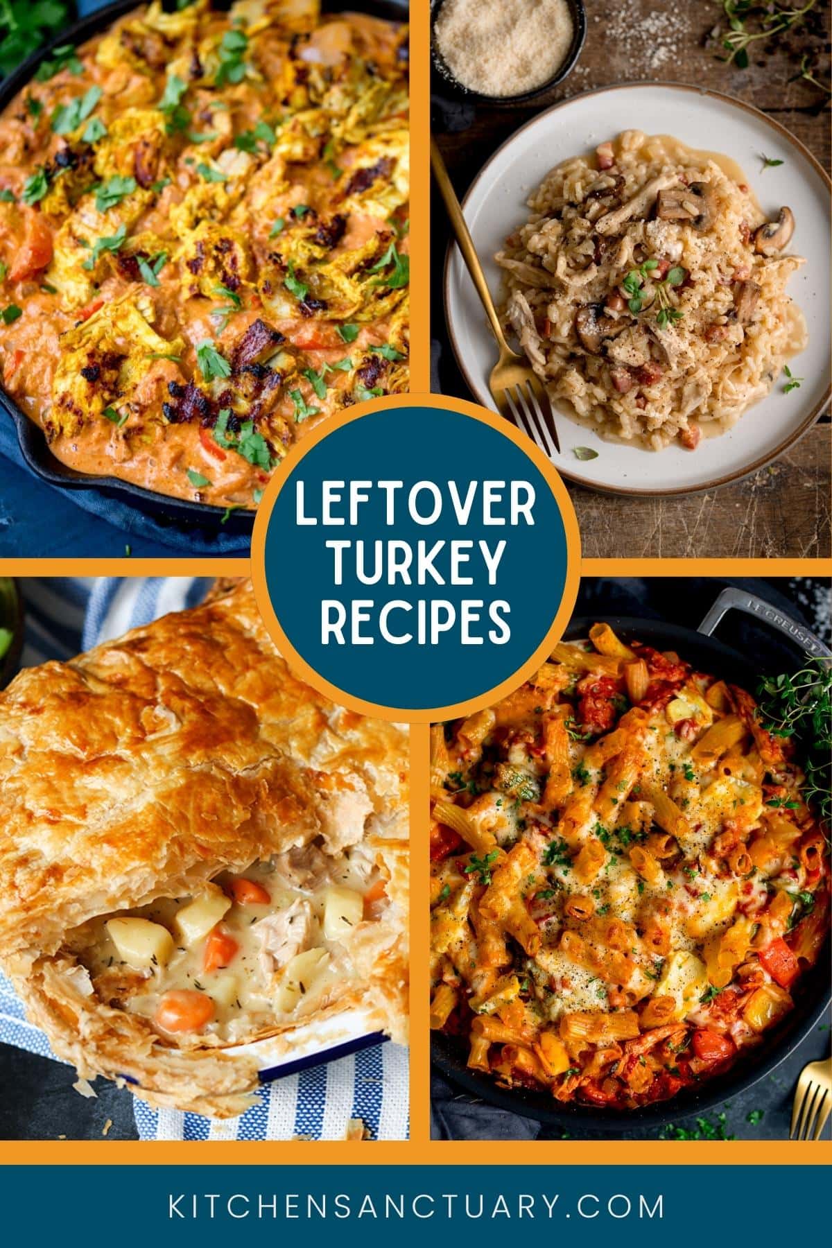 A collage of 4 pictures showing different meals made with leftover turkey.