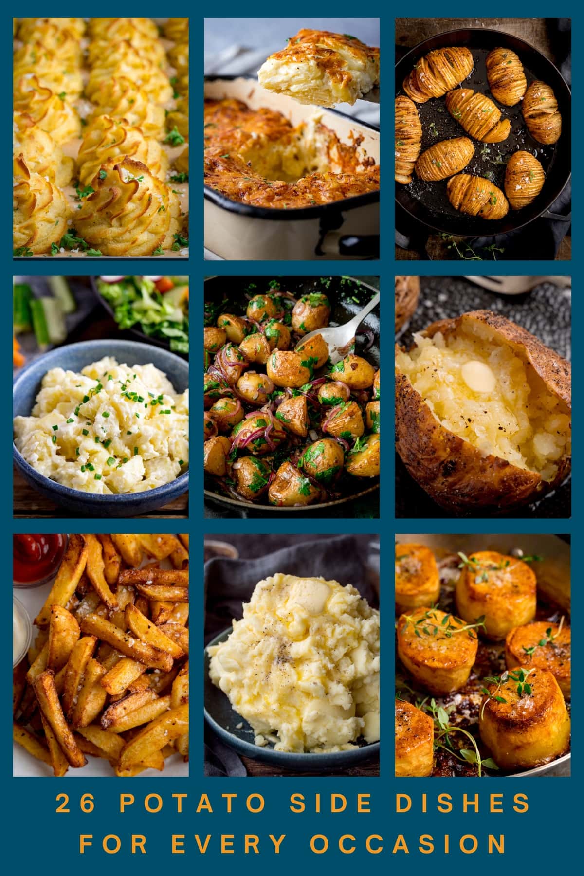 A collage of 9 images showing different potato side dishes.