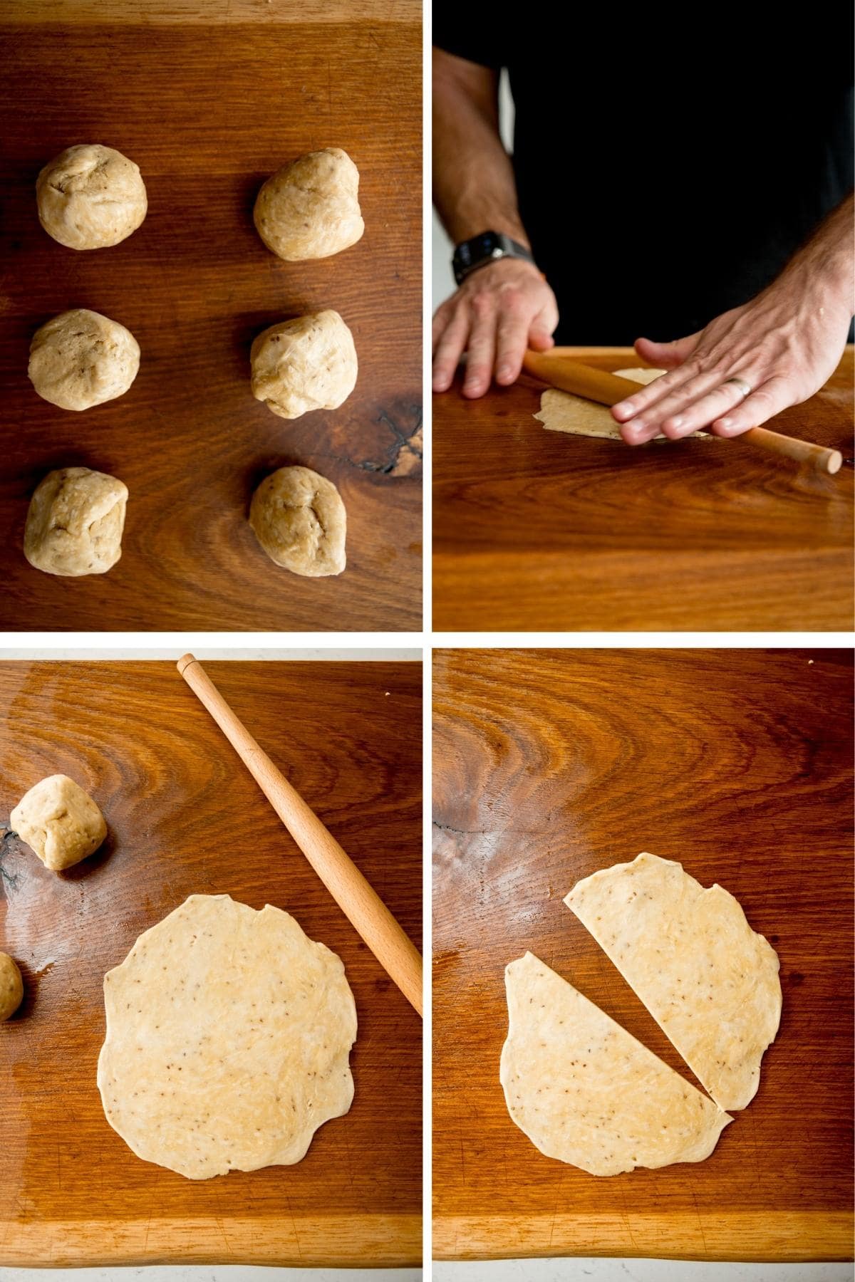 A four picture collage of the process of making samosa dough from scratch.