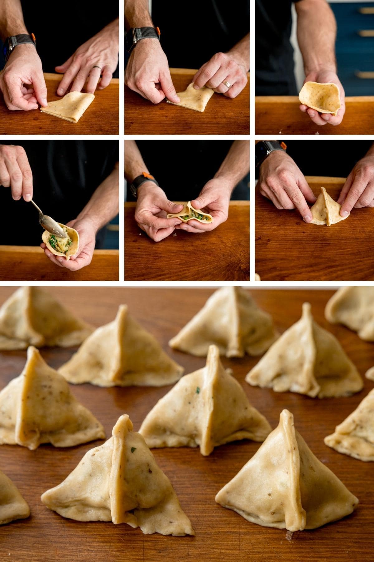 A collage of seven pictures assembling vegetable samosas ready for frying.
