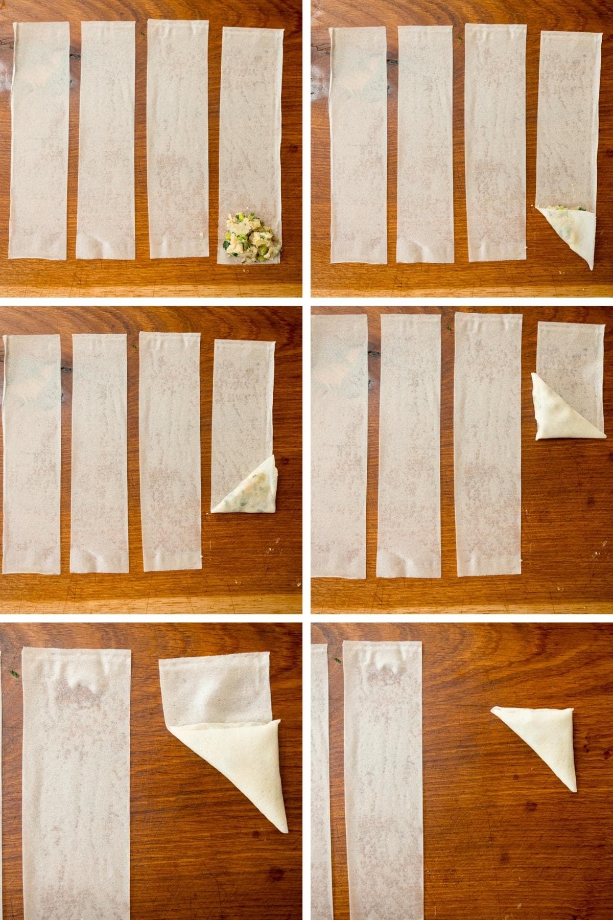 6 image collage showing overhead images of filling and rolling samosas into triangles after placing the filling onto strips of samosa dough.