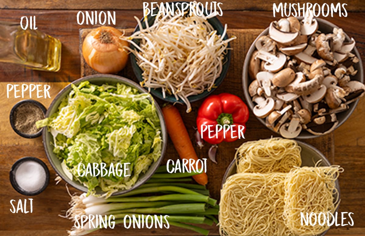 Ingredients for mushroom chow mein are laid out on a wooden board. The ingredients are labelled in white text.