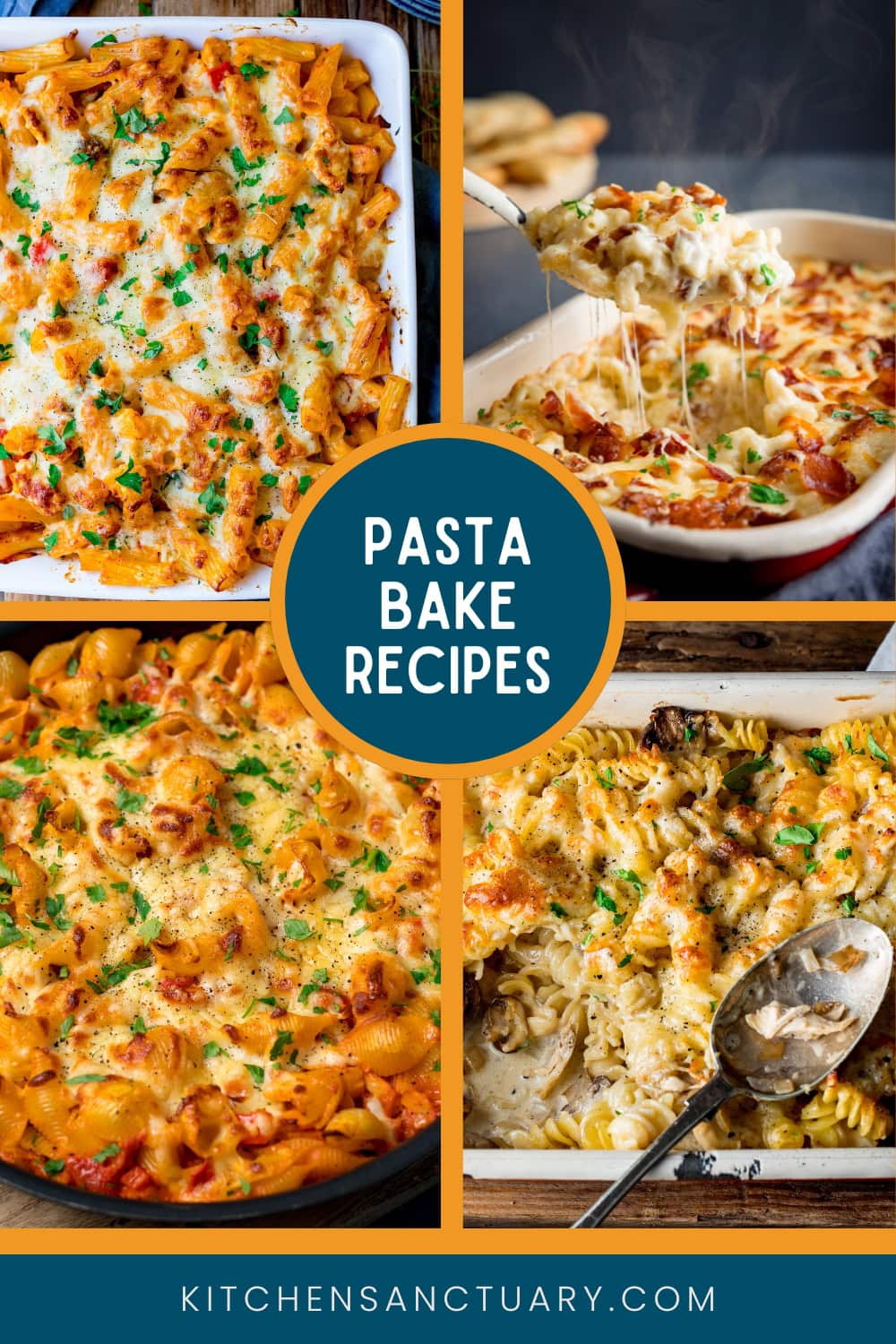 A collage of 4 pasta bakes with a title written in the middle. the title reads "Pasta Bake Recipes".