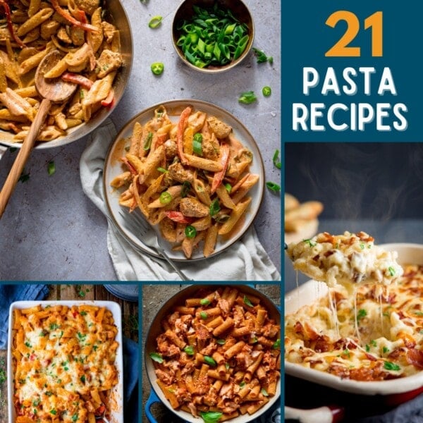 A collage showing various pasta dishes in bowls and ovenproof dishes, with the text 21 Pasta Recipes in the top right corner.