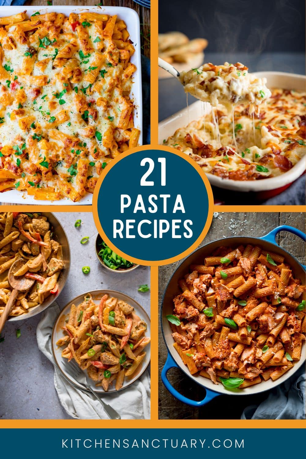 A collage of four pasta dishes, including baked pasta with cheese, creamy pasta, and pasta with tomato sauce, with a central circle labelled 21 Pasta Recipes.