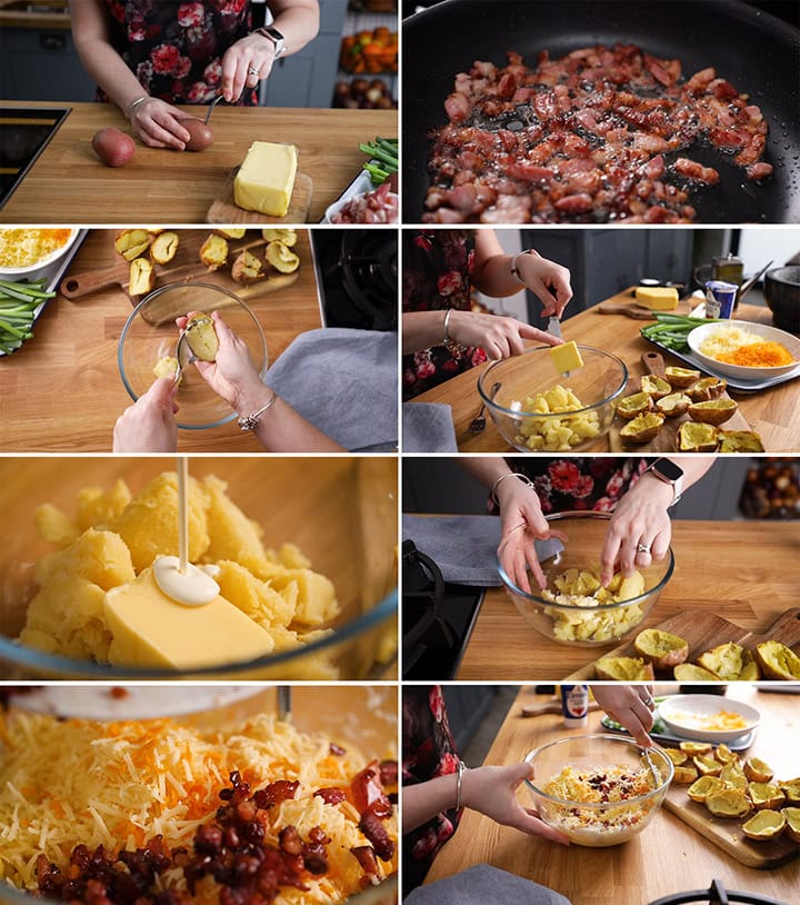A step-by-step collage showings prep steps for making stuffed jacket potatoes with bacon, cheese, and butter on a kitchen worktop.