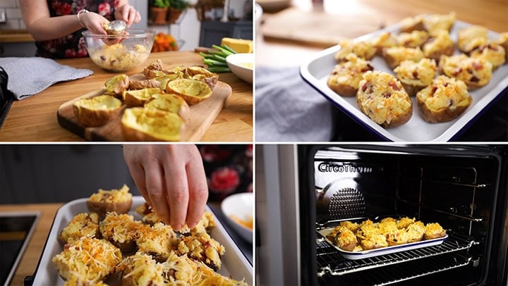 Four images show the process of making stuffed potato skins: scooping, mixing filling, topping with cheese, and baking in the oven.